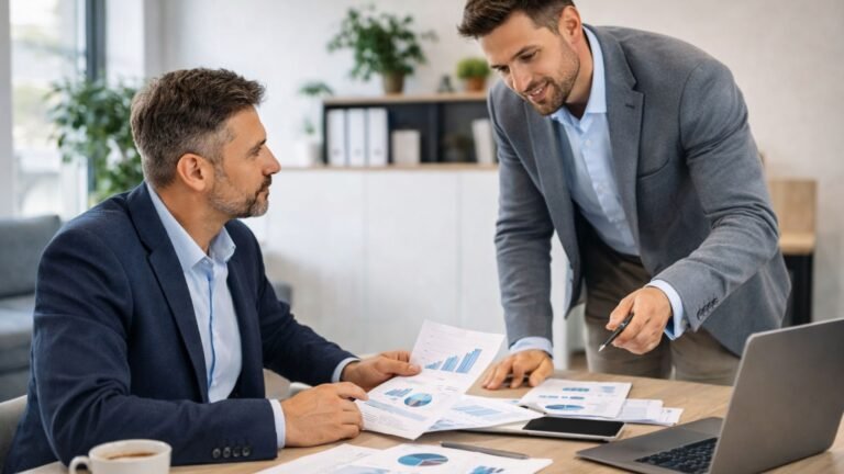 Consulente che affianca un imprenditore nell’analisi dei dati e nelle decisioni aziendali