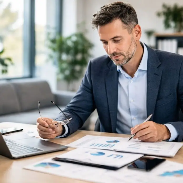 Imprenditore che analizza dati e documenti per lo sviluppo della propria azienda